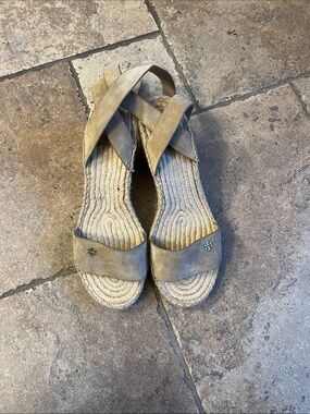 Tory Burch Beige Taupe Suede Espadrille Wedges